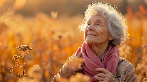 Dopo un inverno rigido, una donna anziana si gode lo spazio autunnale IA generativa