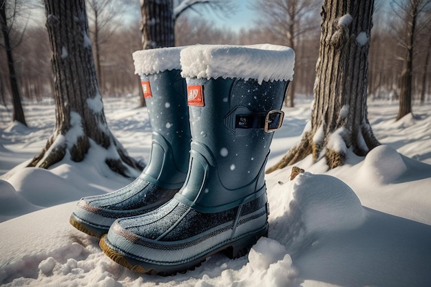 Doposci profondi sulla neve spessa nel freddo inverno, bellissime scarpe per stare al caldo