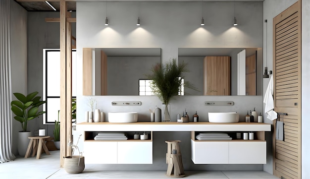 Doppi lavandini in elegante cemento bianco e interno bagno in legno generativo ai