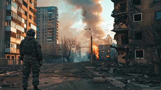 Doppia esposizione che combina la silhouette di un coraggioso soldato ucraino contro una città in rovina in fiamme