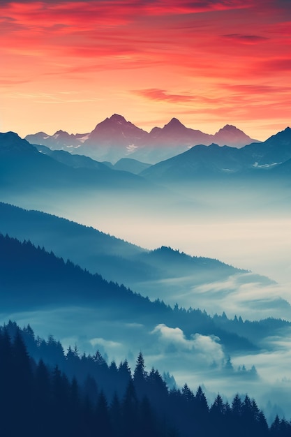 Doppia esposizione colorata delle montagne Tatra all'alba che mostra paesaggi minimalisti potenziati
