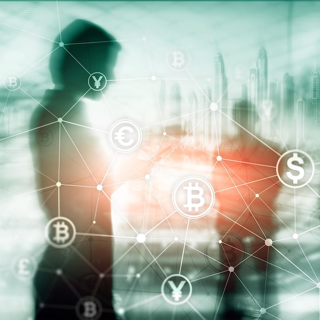 Doppia esposizione Concetto di Bitcoin e blockchain Economia digitale e commercio di valuta
