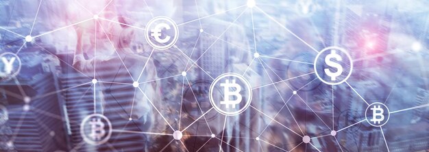 Doppia esposizione Concetto di Bitcoin e blockchain Economia digitale e commercio di valuta