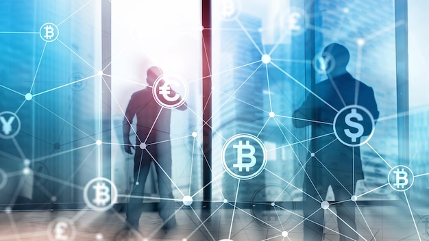 Doppia esposizione Concetto di Bitcoin e blockchain Economia digitale e commercio di valuta