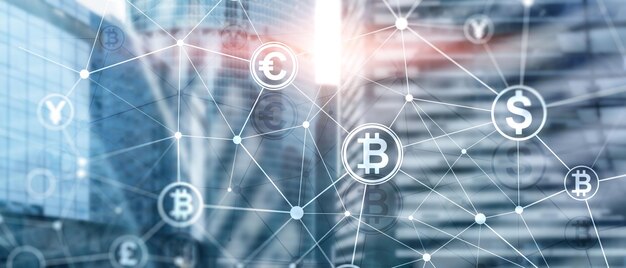 Doppia esposizione Concetto di Bitcoin e blockchain Economia digitale e commercio di valuta