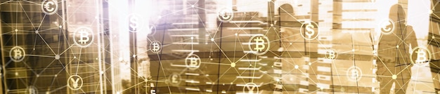 Doppia esposizione Concetto di Bitcoin e blockchain Economia digitale e trading di valuta Banner di intestazione del sito web
