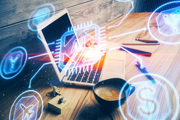 Doppia esposizione del desktop con personal computer su sfondo e disegno di temi tecnologici Concetto di analisi dei dati