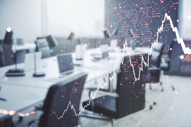 Doppia esposizione del diagramma finanziario creativo astratto e della mappa del mondo su un concetto bancario e contabile di sfondo interno ufficio moderno arredato