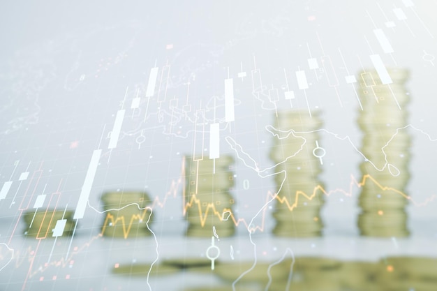 Doppia esposizione del diagramma finanziario creativo astratto e mappa del mondo su monete in crescita pile sfondo concetto bancario e contabile