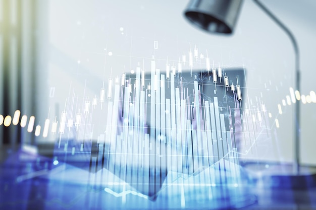 Doppia esposizione del diagramma finanziario creativo astratto sul concetto bancario e contabile moderno del fondo del computer portatile