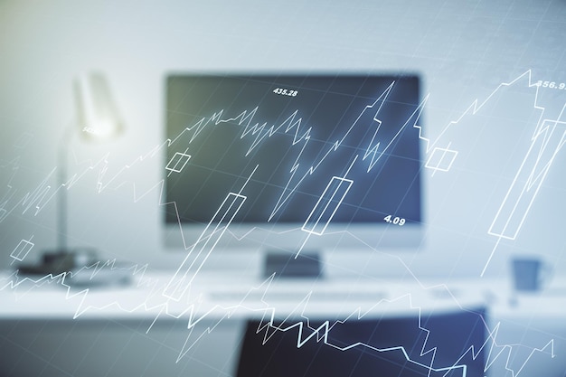 Doppia esposizione del diagramma finanziario creativo astratto sul concetto bancario e contabile moderno del fondo del computer portatile