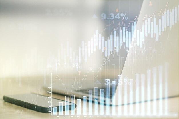 Doppia esposizione del diagramma finanziario creativo astratto sul concetto bancario e contabile moderno del fondo del computer portatile