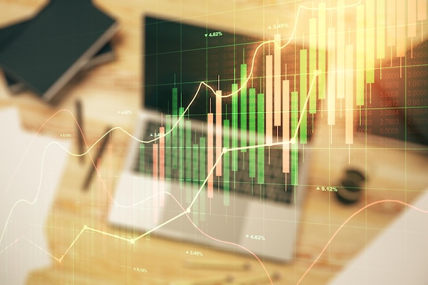 Doppia esposizione del diagramma finanziario creativo astratto sul concetto bancario e contabile moderno del fondo del computer portatile