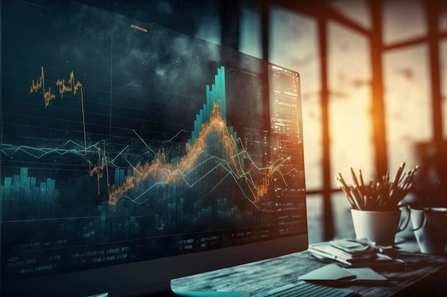 Doppia esposizione del diagramma finanziario creativo astratto sullo sfondo del computer portatile moderno concetto bancario e contabile ai generativo