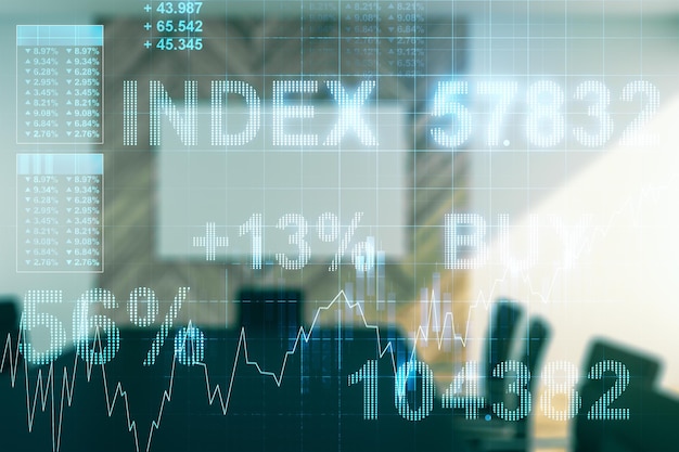 Doppia esposizione del diagramma finanziario creativo virtuale su un moderno concetto bancario e contabile di sfondo della sala riunioni