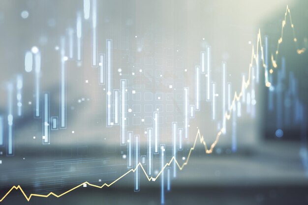 Doppia esposizione del diagramma finanziario creativo virtuale sul concetto bancario e contabile di sfondo esterno del business center contemporaneo