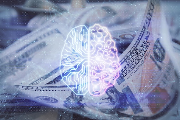 Doppia esposizione del disegno del cervello su di noi dollari bill sfondo Concetto di tecnologia