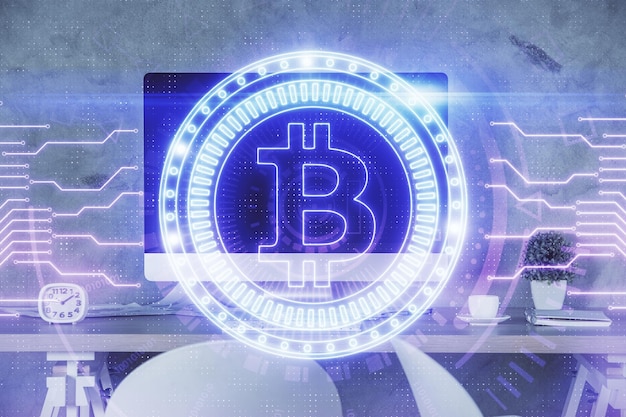 Doppia esposizione del disegno del tema della tecnologia crittografica e dello sfondo degli interni dell'ufficio Concetto di blockchain
