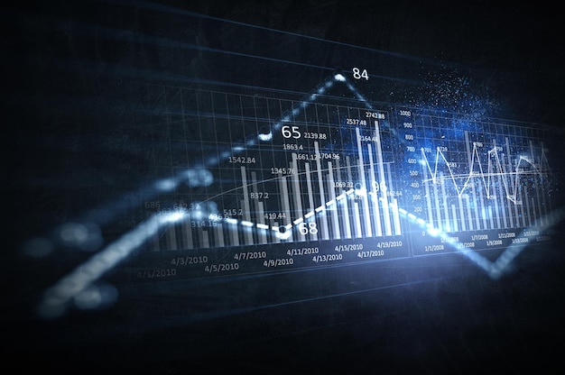 Doppia esposizione del paesaggio urbano e grafico finanziario, rete su sfondo sfocato dell'edificio. Concetto di mercati finanziari globali. Tecnica mista