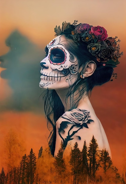 Doppia esposizione del volto umano con elementi della natura tema dia de los muertos