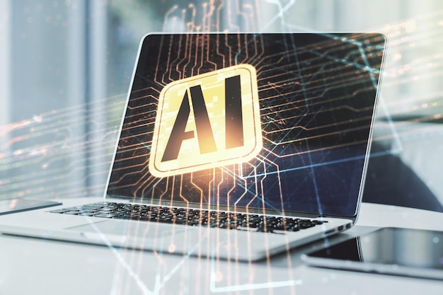 Doppia esposizione dell'icona creativa dell'intelligenza artificiale con un moderno laptop sullo sfondo Reti neurali e concetto di apprendimento automatico