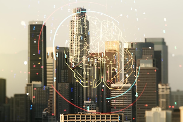 Doppia esposizione dell'interfaccia creativa di intelligenza artificiale sullo sfondo dei grattacieli della città di Los Angeles Reti neurali e concetto di apprendimento automatico