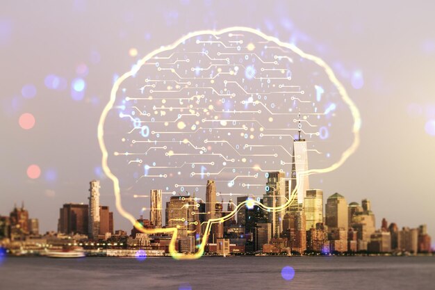 Doppia esposizione dell'interfaccia di intelligenza artificiale creativa sullo sfondo dei grattacieli di New York Reti neurali e concetto di apprendimento automatico