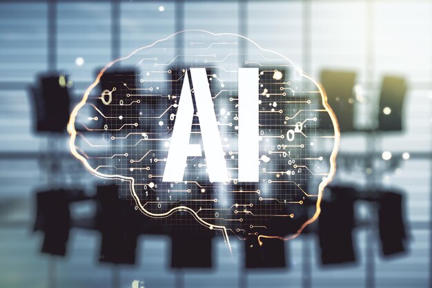 Doppia esposizione dell'ologramma creativo del microcircuito del cervello umano su uno sfondo moderno della sala riunioni Tecnologia futura e concetto di intelligenza artificiale