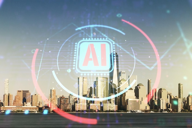 Doppia esposizione dell'ologramma creativo dell'abbreviazione dell'intelligenza artificiale sullo sfondo degli edifici per uffici di Manhattan Tecnologia futura e concetto di intelligenza artificiale