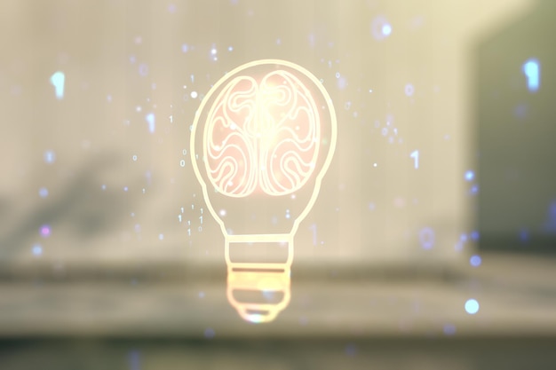 Doppia esposizione dell'ologramma creativo virtuale astratto della lampadina con il cervello umano sull'idea di sfondo esterno del moderno business center e sul concetto di brainstorming