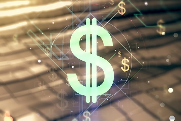 Doppia esposizione dell'ologramma dei simboli USD virtuali su sfondo metallico sfocato Concetto bancario e di investimento