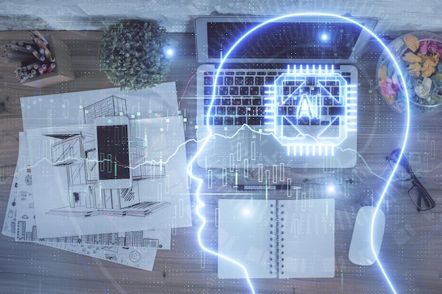 Doppia esposizione dell'ologramma del disegno del cervello sullo sfondo del tavolo di lavoro con vista dall'alto con il computer Concetto di big data