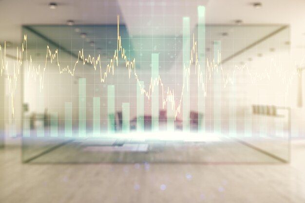 Doppia esposizione dell'ologramma del grafico finanziario creativo astratto sul concetto di ricerca e strategia di sfondo dell'ufficio aziendale moderno