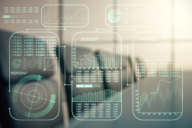 Doppia esposizione dell'ologramma di dati di statistiche virtuali astratte su un concetto di analisi e statistiche di sfondo di una moderna sala riunioni