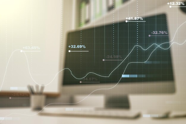 Doppia esposizione dell'ologramma di dati statistici creativi astratti e desktop moderno con laptop su statistiche di background e concetto di analisi