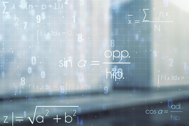 Doppia esposizione dell'ologramma di formula scientifica sul concetto di ricerca e sviluppo di sfondo esterno del moderno business center