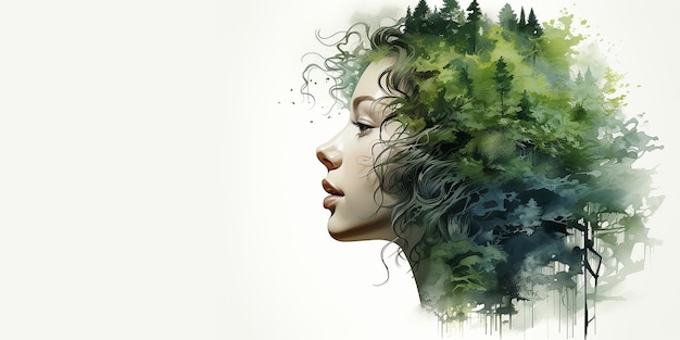 Doppia esposizione della donna con la natura Consapevolezza della salute mentale Stile ecologico Illustrazione ad acquerello