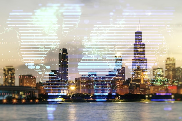 Doppia esposizione della mappa del mondo digitale astratta sulla ricerca di sfondo dei grattacieli della città di Chicago e sul concetto di strategia