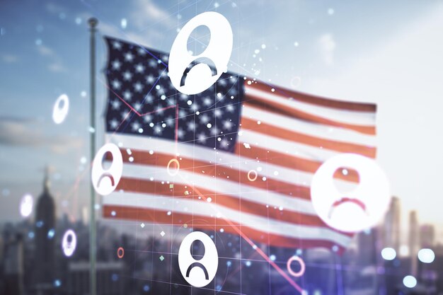 Doppia esposizione delle icone astratte dei social network virtuali sulla bandiera degli Stati Uniti e sullo sfondo sfocato del paesaggio urbano Concetto di marketing e promozione
