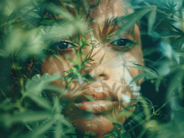 Doppia esposizione di bella donna e foresta blu