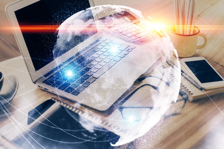Foto doppia esposizione di icone a tema aziendale e spazio di lavoro con sfondo computerizzato concepto di successo