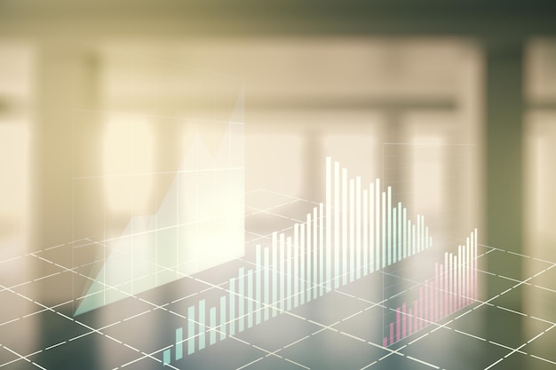 Doppia esposizione di un diagramma finanziario creativo virtuale su una stanza vuota sullo sfondo interno del concetto bancario e contabile