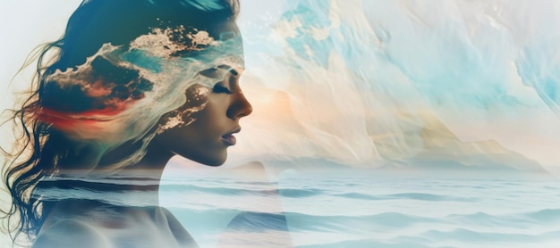 Doppia esposizione di una bella donna e il mare Concetto di meditazione Panorama