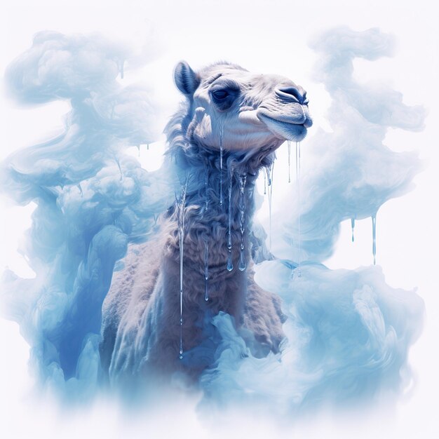 doppia esposizione per un cammello arabo che guarda il cielo