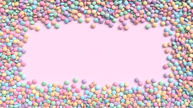 Doppio bordo di caramelle al cioccolato ricoperte colorate in toni pastello su sfondo rosa brillante