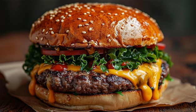 doppio cheeseburger con lattuga, pomodoro, cipolla e formaggio americano fuso con panoramica