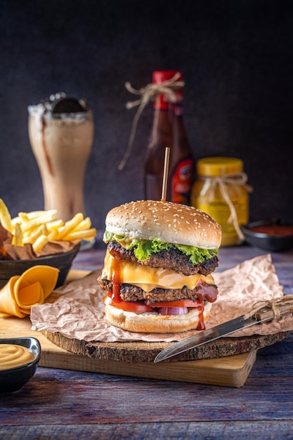 Doppio cheeseburger vista laterale con polpette di manzo alla griglia formaggio e lattuga