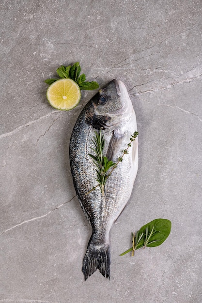 Dorado fresco su sfondo di marmo grigio Pesce crudo con spezie pepe di rosmarino Cibo semplice da fattoria sana