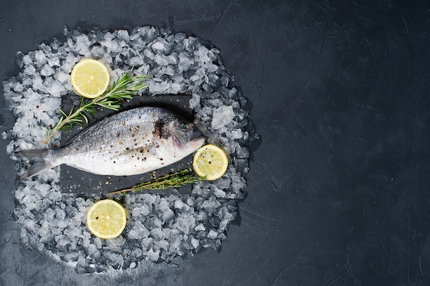 Dorado pesce crudo su un tagliere nero, ingrediente rosmarino, limone, ghiaccio.