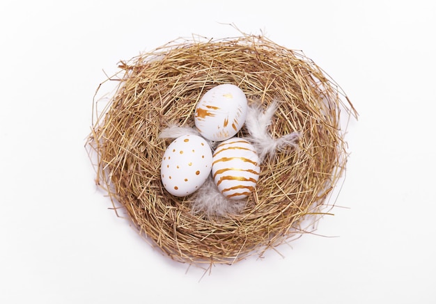 Dorato delle uova di Pasqua dipinto in nido su fondo bianco con spazio.